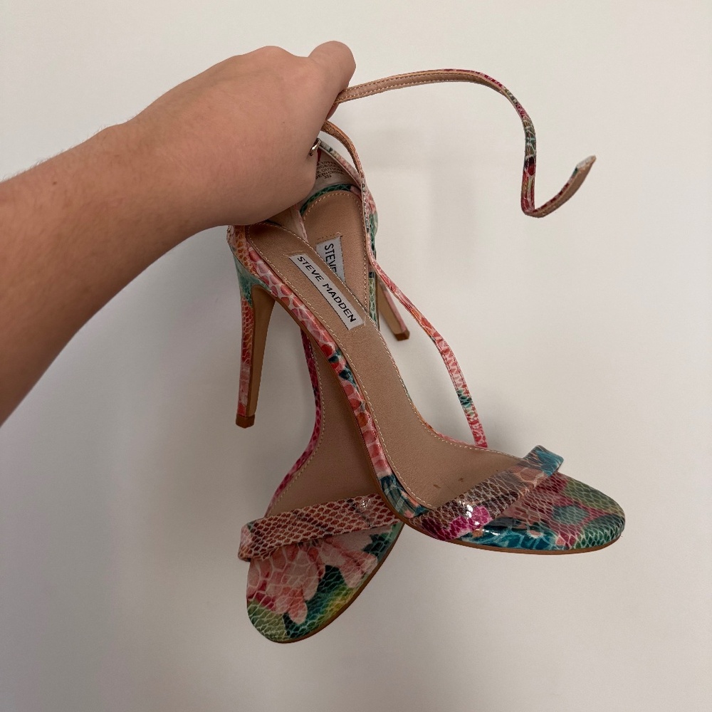 Steve Madden Stecy Floral Snakeskin Ankle Strap Heels